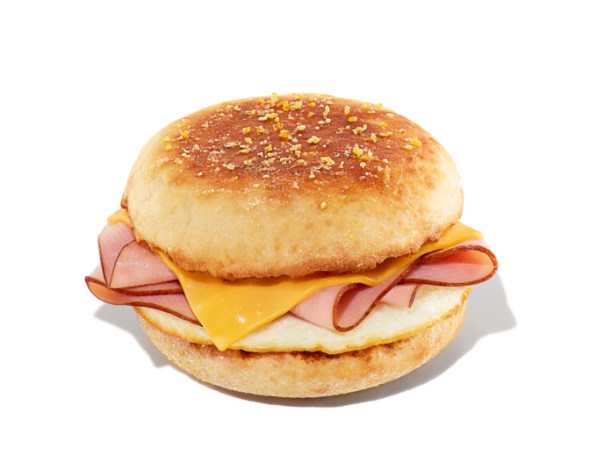 A ham, egg, and  cheese sandwich on an English muffin.